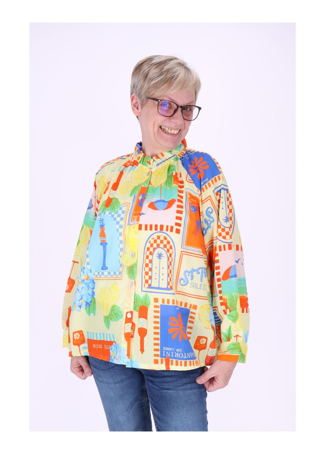 Bluse Damen Langarm AOP Rüschenkragen