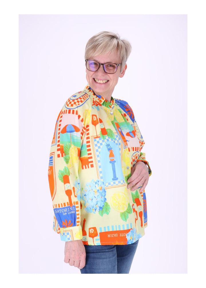 Bluse Damen Langarm AOP Rüschenkragen