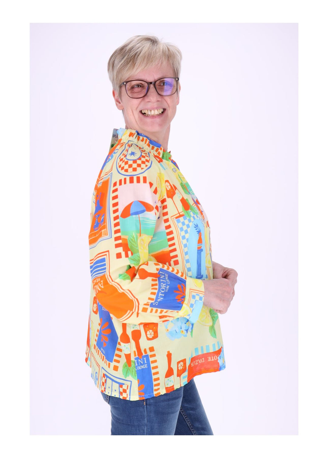 Bluse Damen Langarm AOP Rüschenkragen