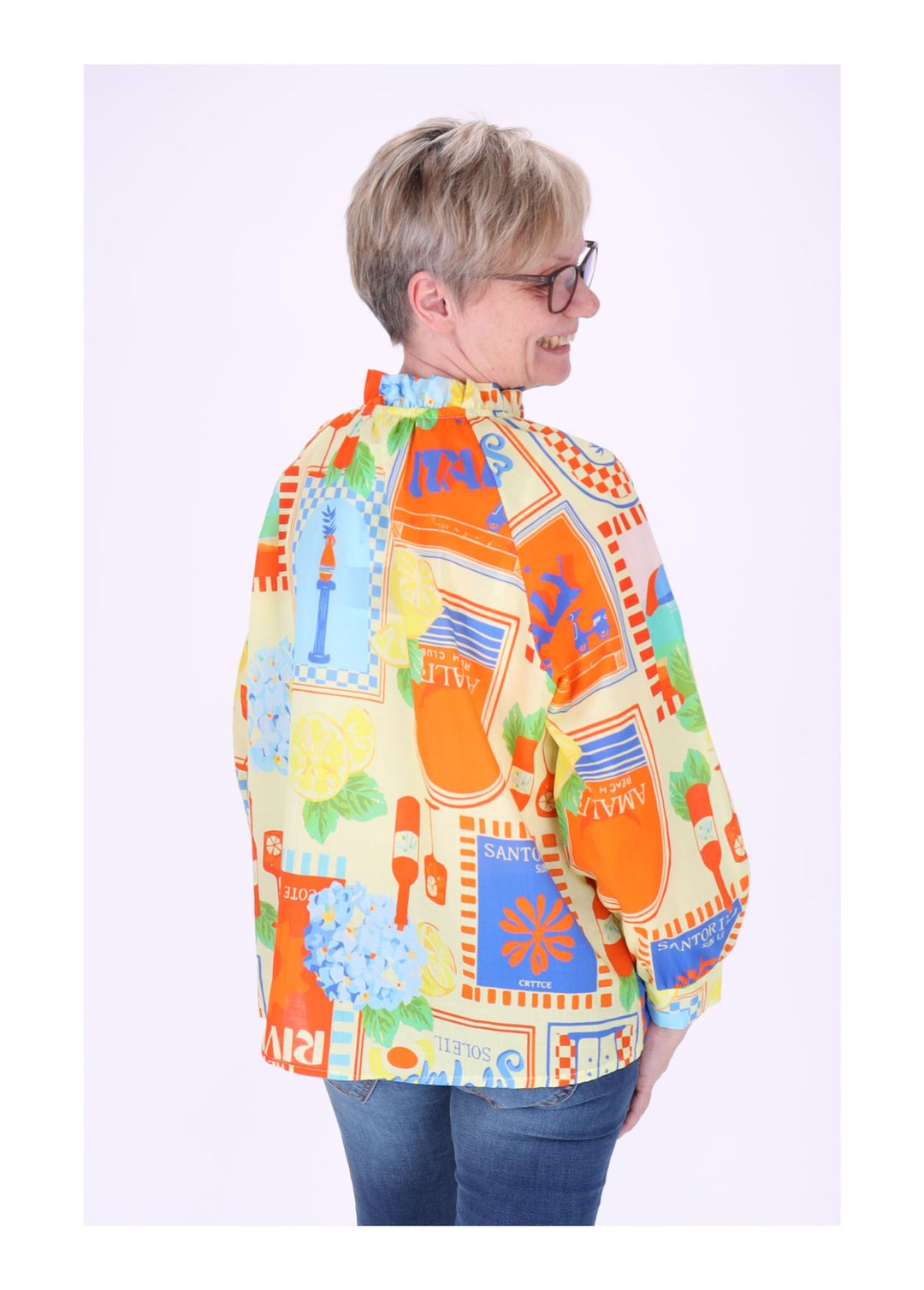 Bluse Damen Langarm AOP Rüschenkragen