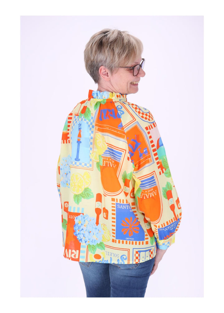 Bluse Damen Langarm AOP Rüschenkragen