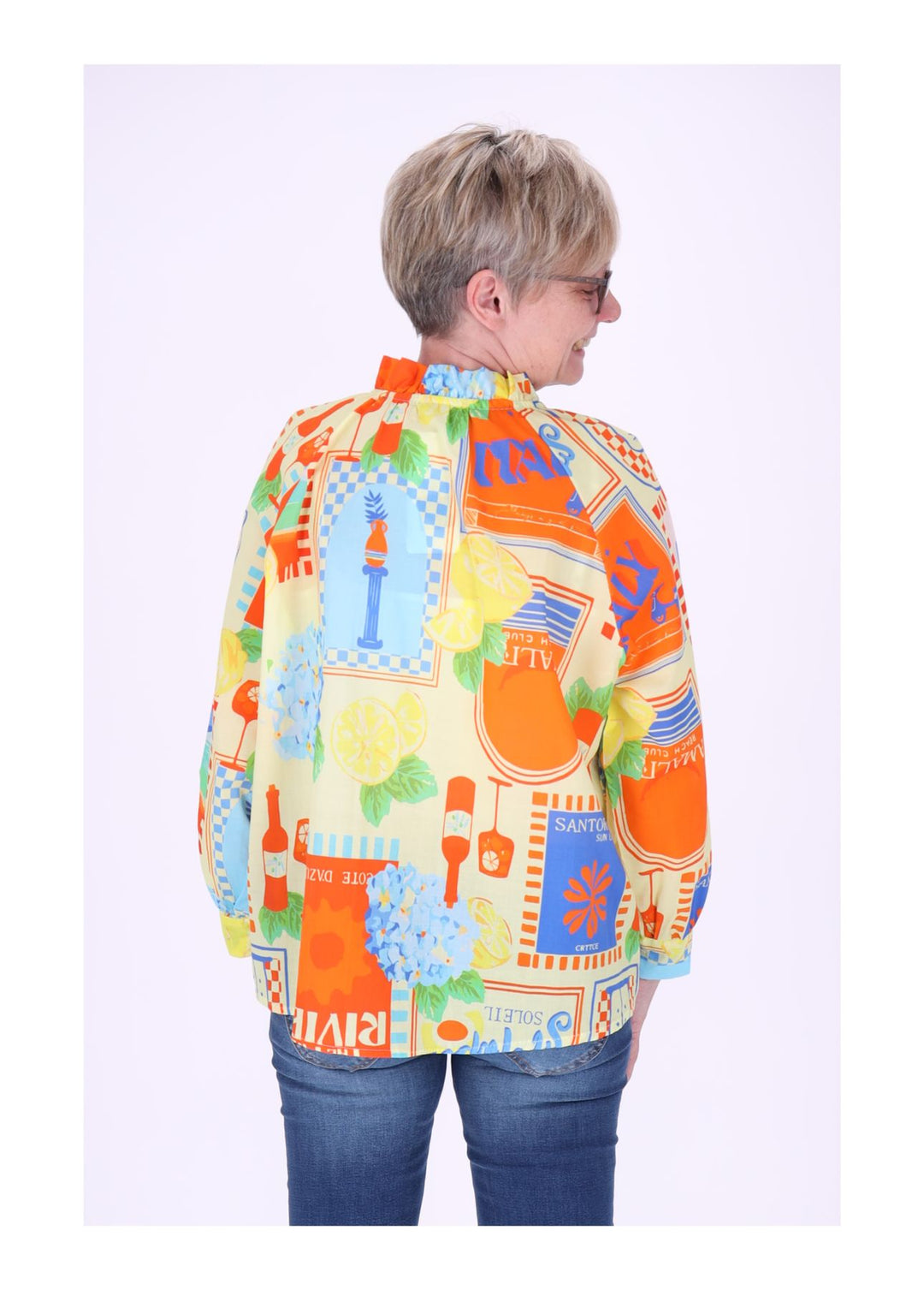 Bluse Damen Langarm AOP Rüschenkragen