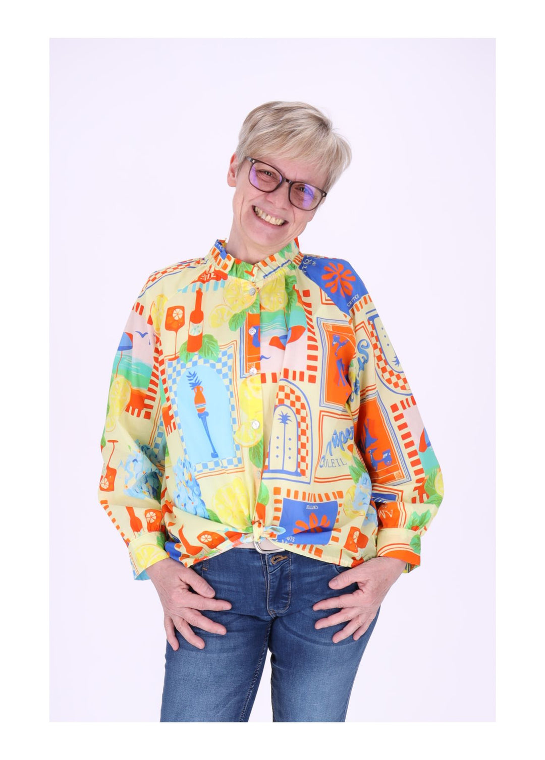 Bluse Damen Langarm AOP Rüschenkragen