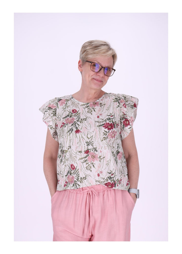 T-Shirt Damen hinten geknöptf Rüschen Arm AOP