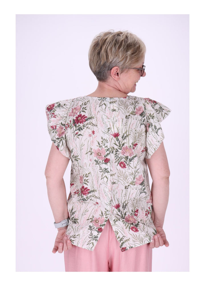 T-Shirt Damen hinten geknöptf Rüschen Arm AOP