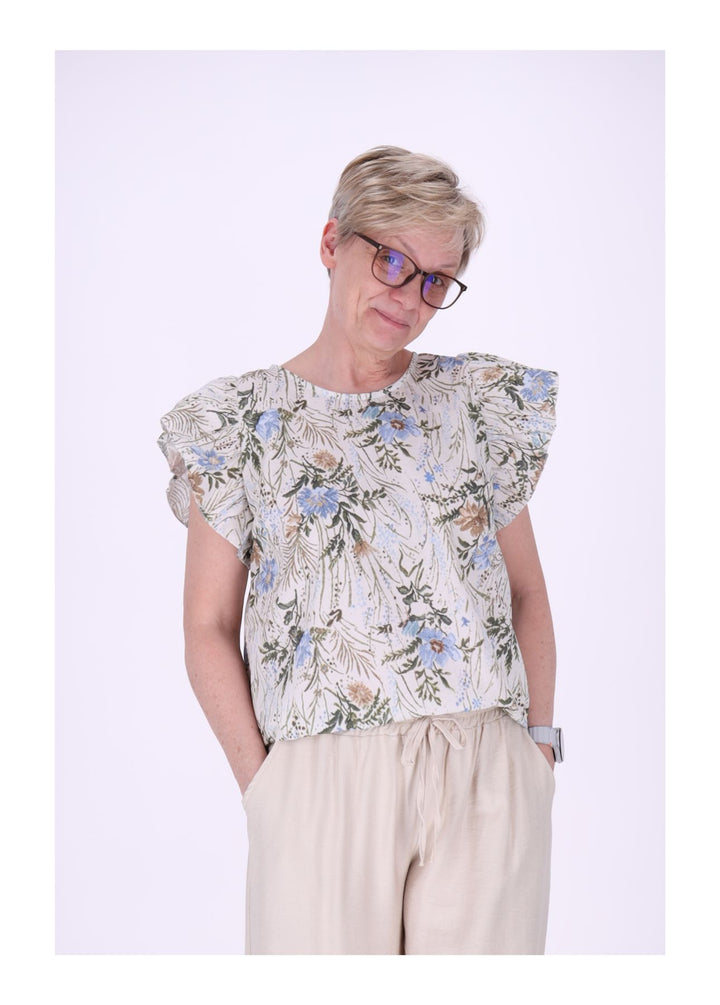 T-Shirt Damen hinten geknöptf Rüschen Arm AOP
