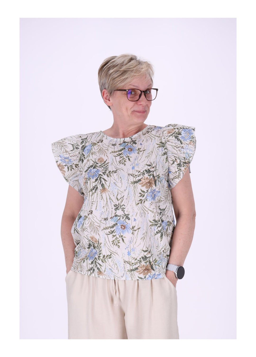 T-Shirt Damen hinten geknöptf Rüschen Arm AOP