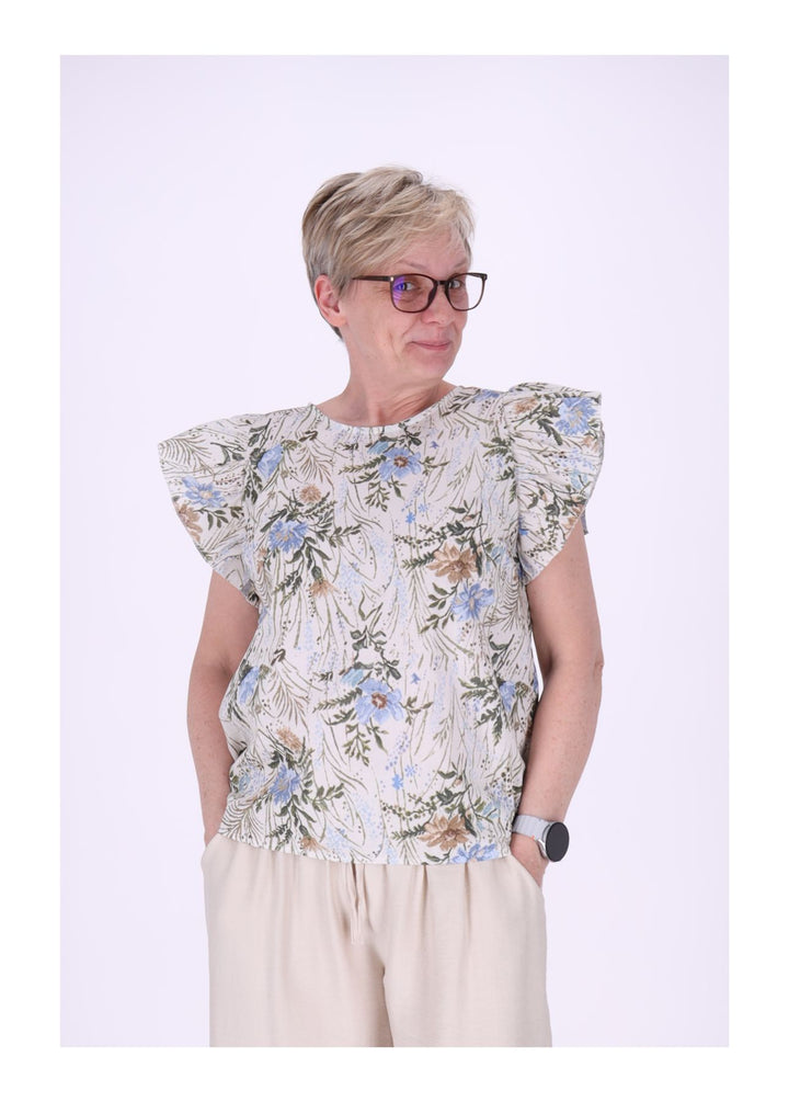 T-Shirt Damen hinten geknöptf Rüschen Arm AOP