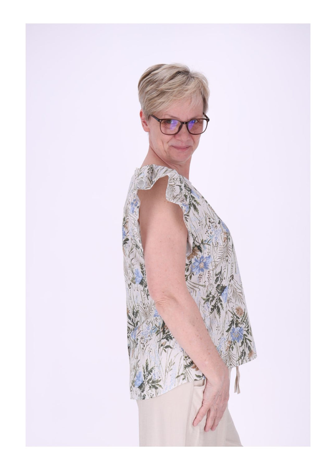T-Shirt Damen hinten geknöptf Rüschen Arm AOP