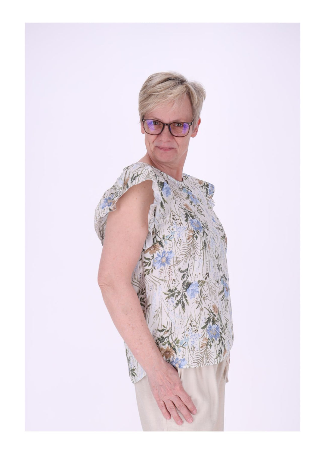 T-Shirt Damen hinten geknöptf Rüschen Arm AOP