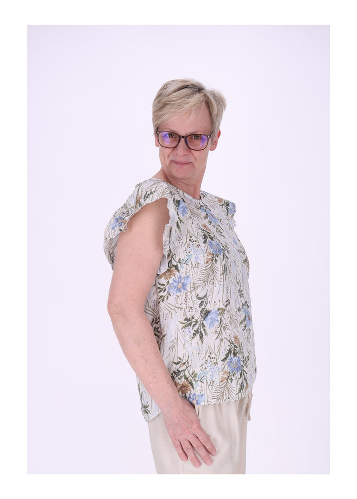 T-Shirt Damen hinten geknöptf Rüschen Arm AOP