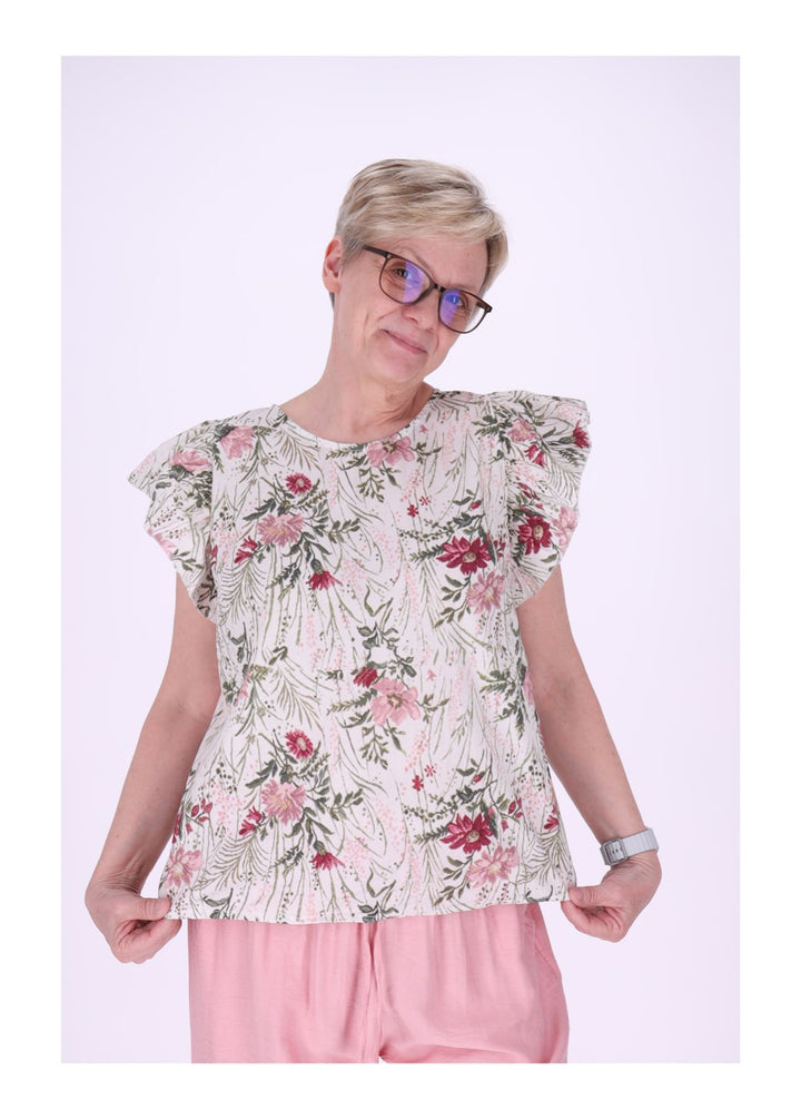 T-Shirt Damen hinten geknöptf Rüschen Arm AOP