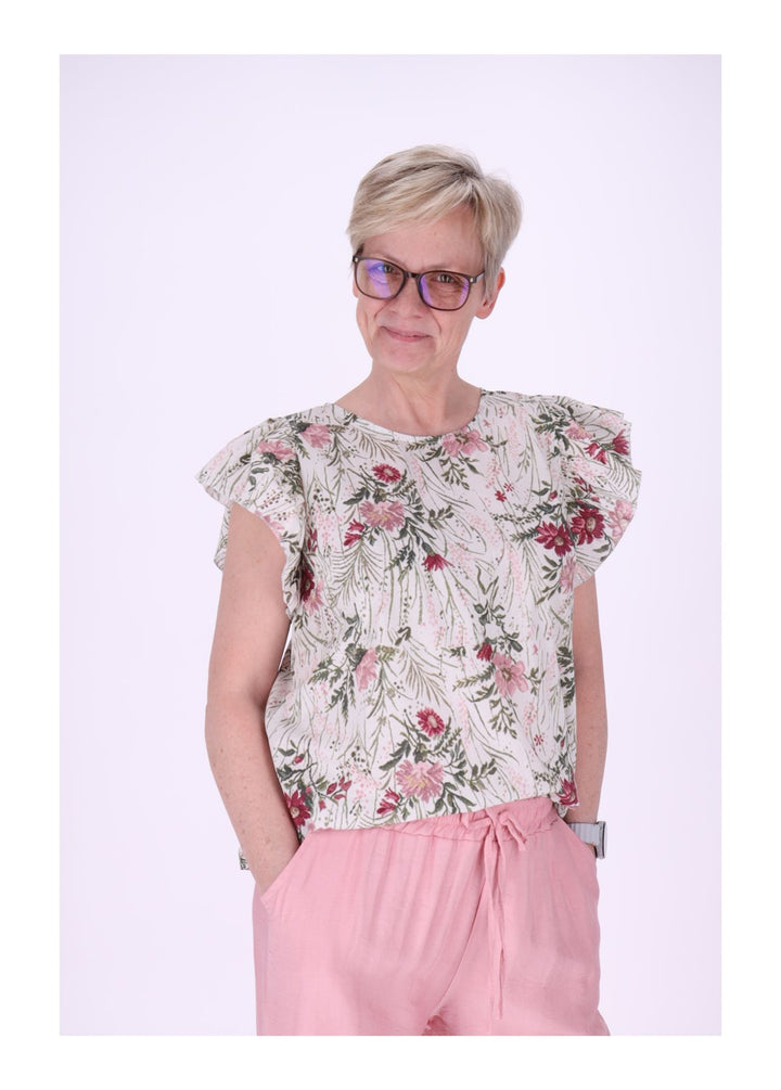 T-Shirt Damen hinten geknöptf Rüschen Arm AOP