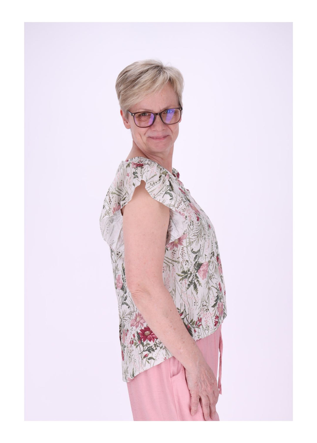 T-Shirt Damen hinten geknöptf Rüschen Arm AOP
