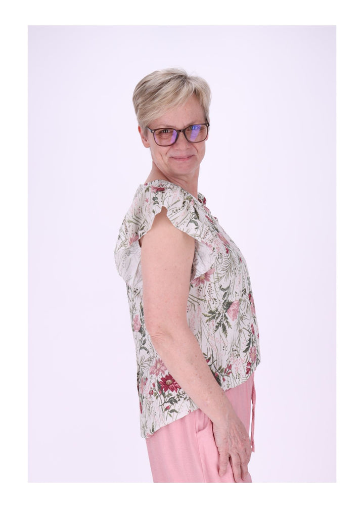 T-Shirt Damen hinten geknöptf Rüschen Arm AOP