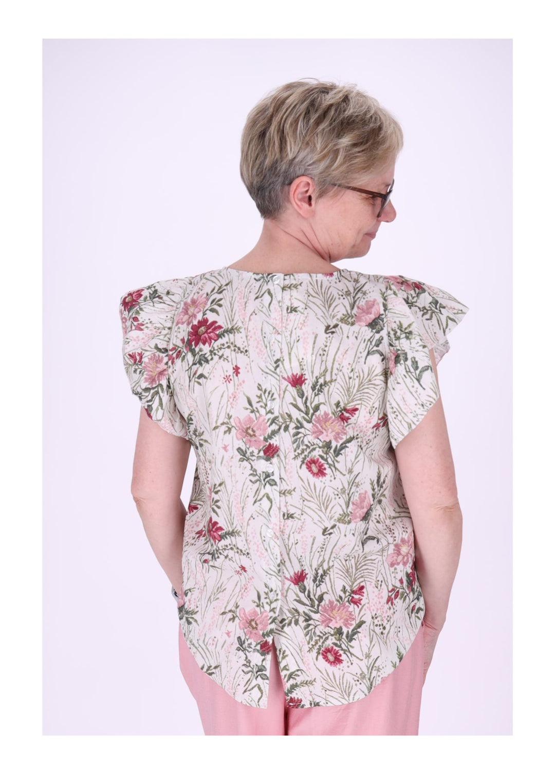 T-Shirt Damen hinten geknöptf Rüschen Arm AOP