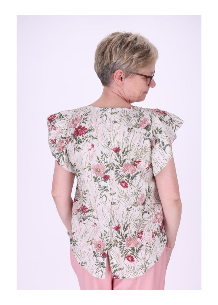 T-Shirt Damen hinten geknöptf Rüschen Arm AOP