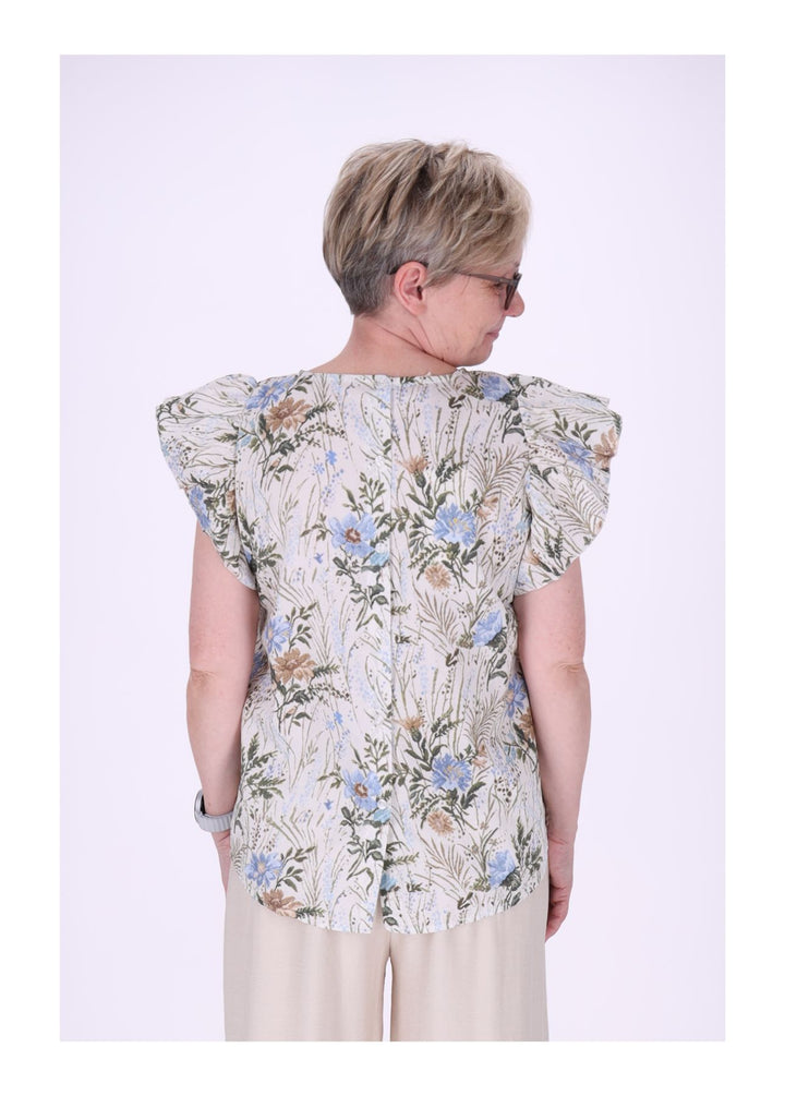 T-Shirt Damen hinten geknöptf Rüschen Arm AOP