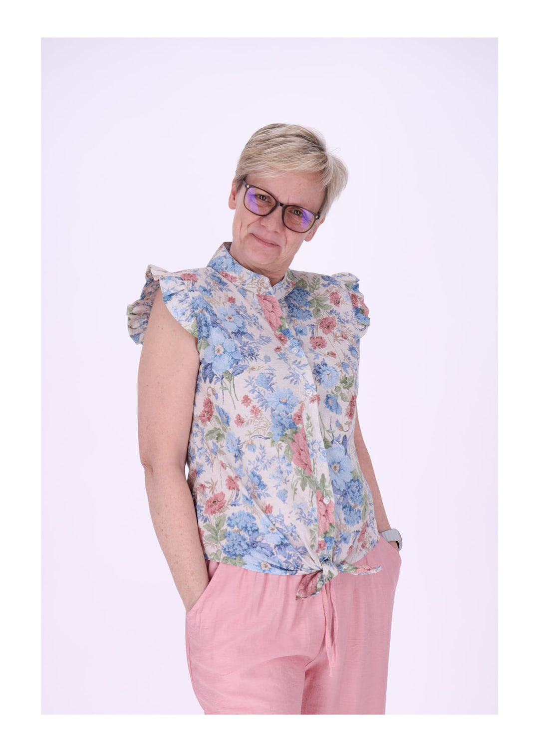 Bluse ohne Arm Rüschen Damen zum Binden AOP