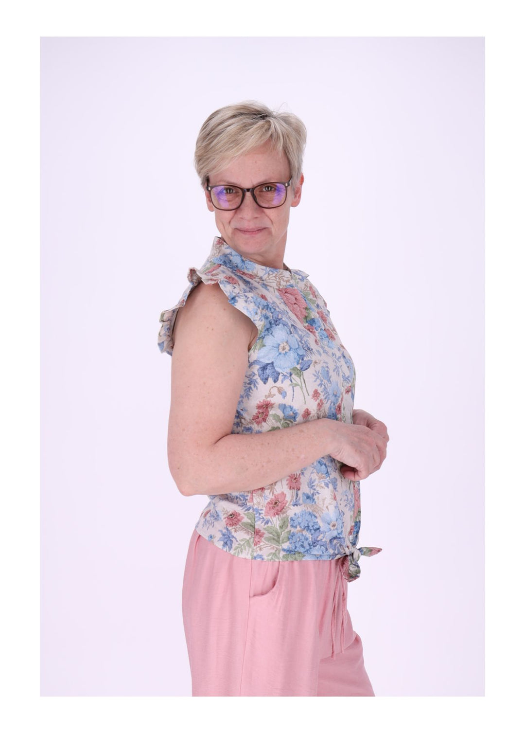 Bluse ohne Arm Rüschen Damen zum Binden AOP