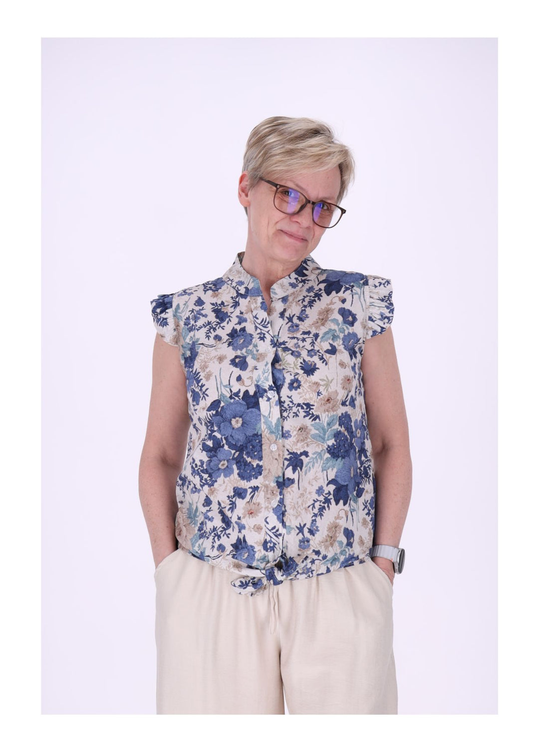 Bluse ohne Arm Rüschen Damen zum Binden AOP