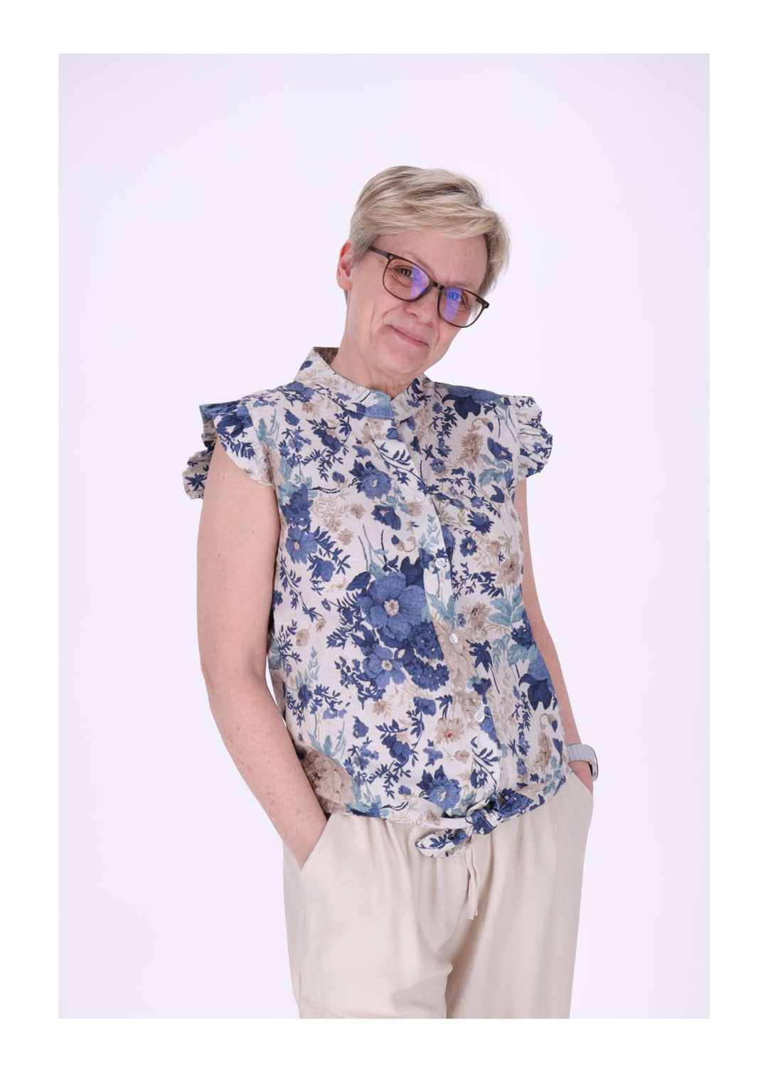 Bluse ohne Arm Rüschen Damen zum Binden AOP