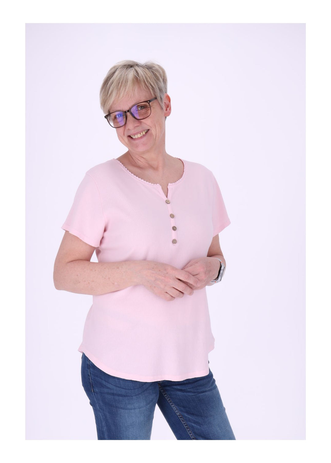 T-Shirt Damen Rundhals kurze Knopfleiste Ripp