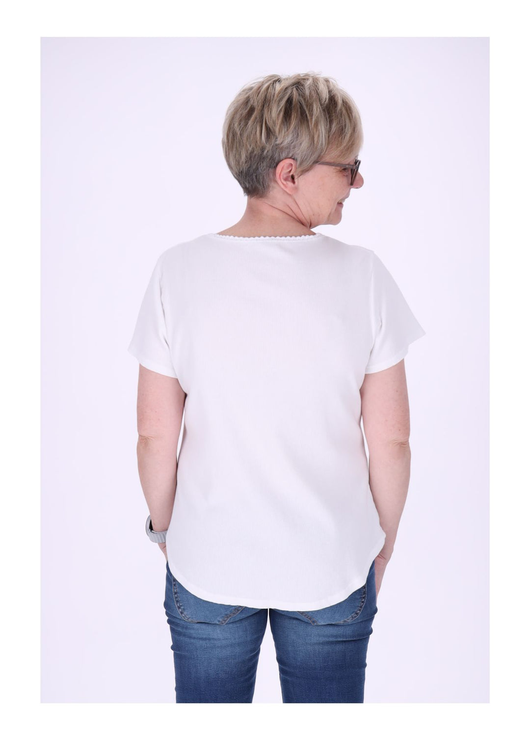 T-Shirt Damen Rundhals kurze Knopfleiste Ripp