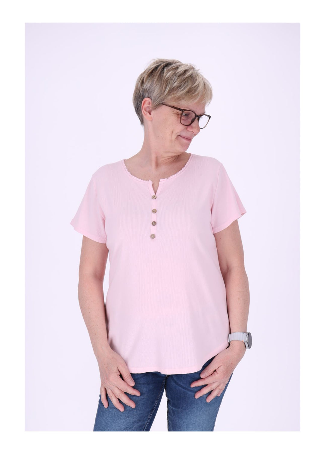 T-Shirt Damen Rundhals kurze Knopfleiste Ripp