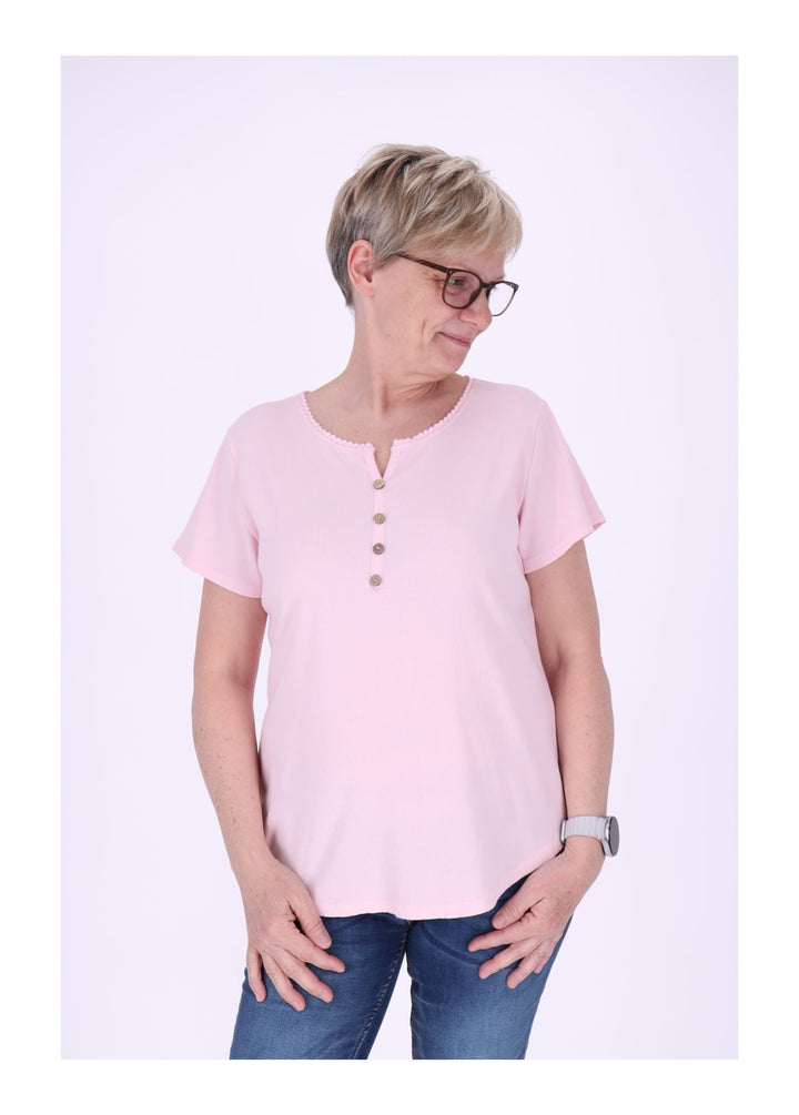 T-Shirt Damen Rundhals kurze Knopfleiste Ripp