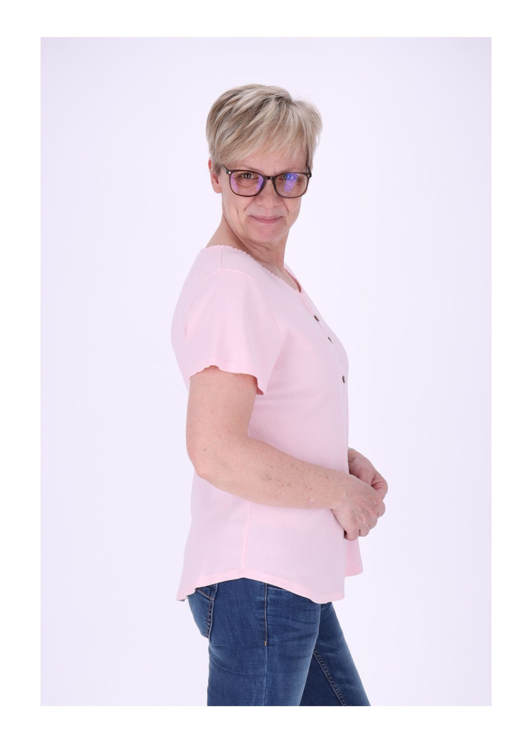 T-Shirt Damen Rundhals kurze Knopfleiste Ripp