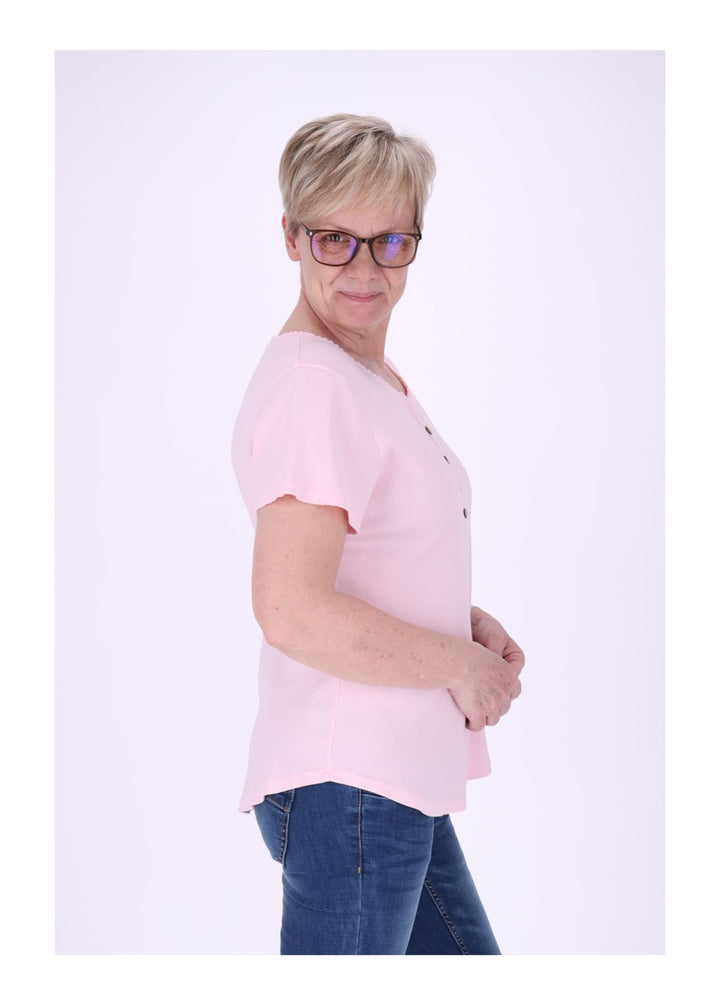 T-Shirt Damen Rundhals kurze Knopfleiste Ripp