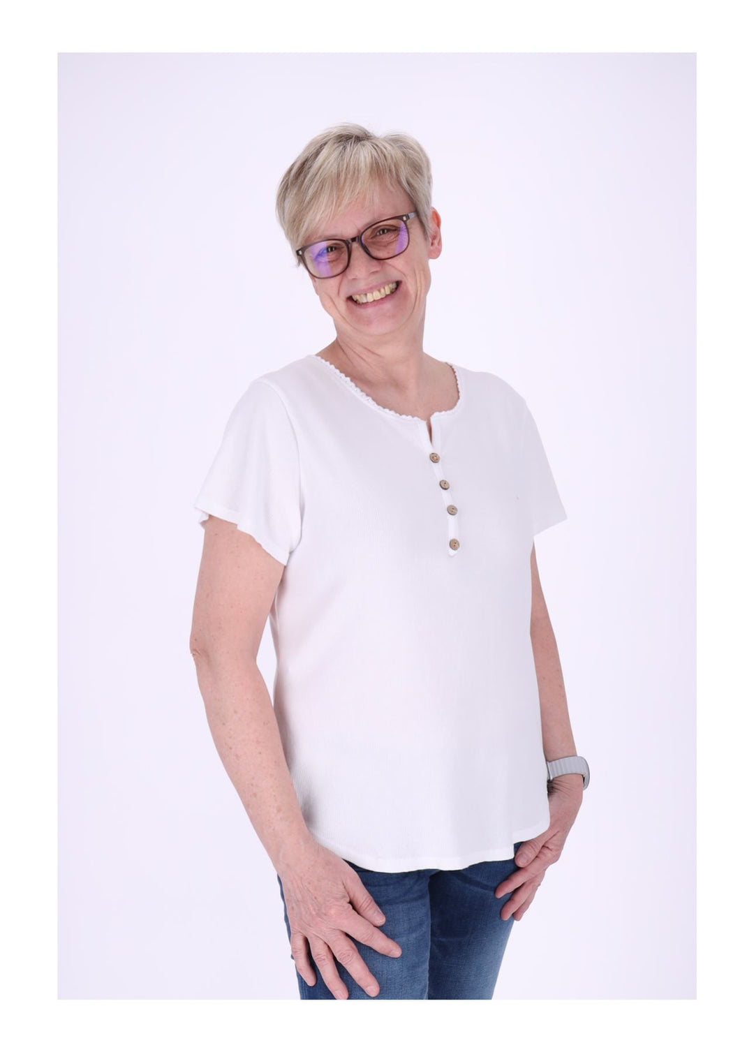 T-Shirt Damen Rundhals kurze Knopfleiste Ripp