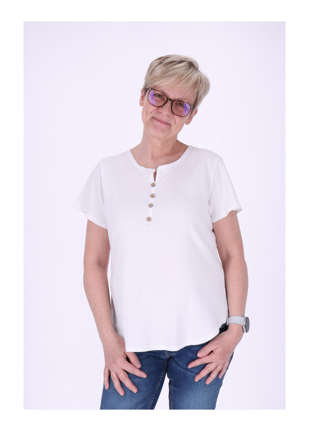 T-Shirt Damen Rundhals kurze Knopfleiste Ripp
