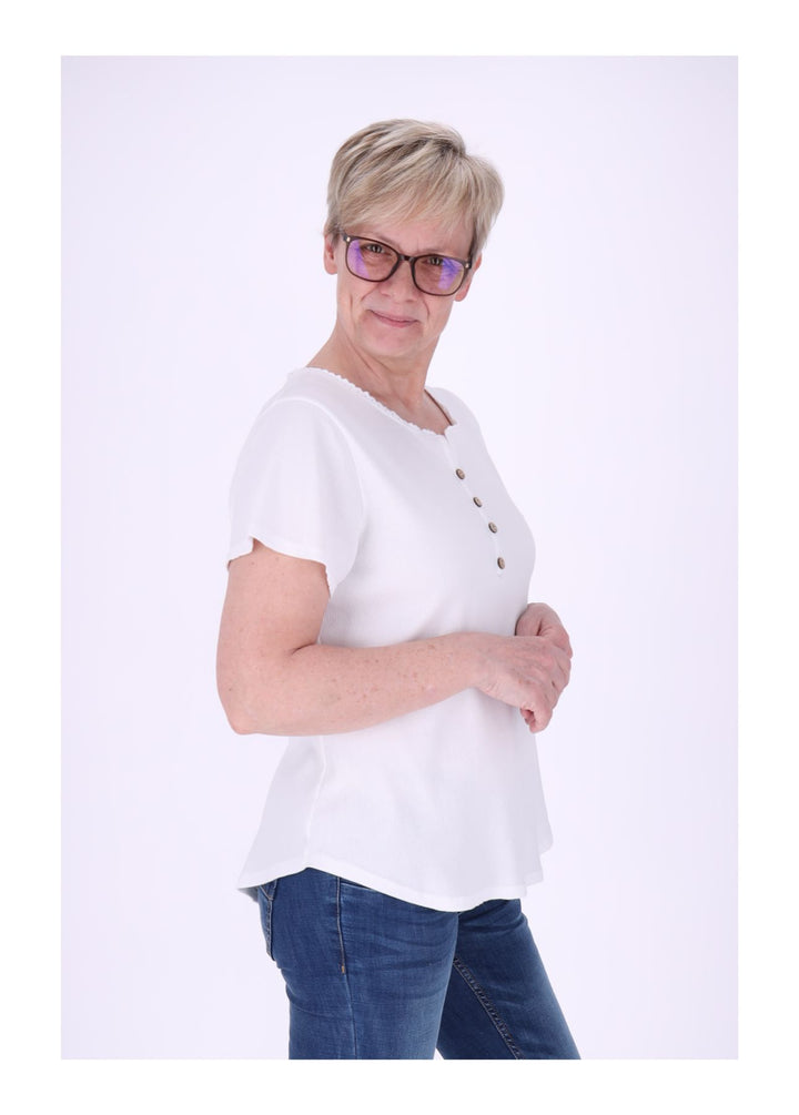 T-Shirt Damen Rundhals kurze Knopfleiste Ripp
