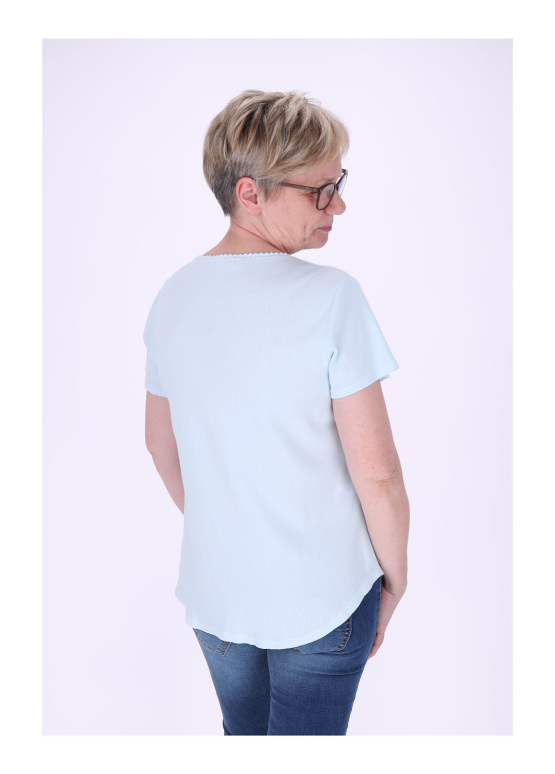 T-Shirt Damen Rundhals kurze Knopfleiste Ripp