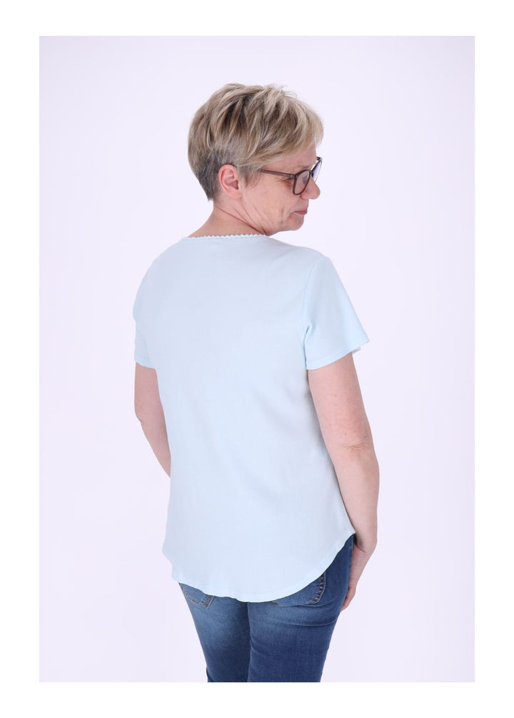 T-Shirt Damen Rundhals kurze Knopfleiste Ripp