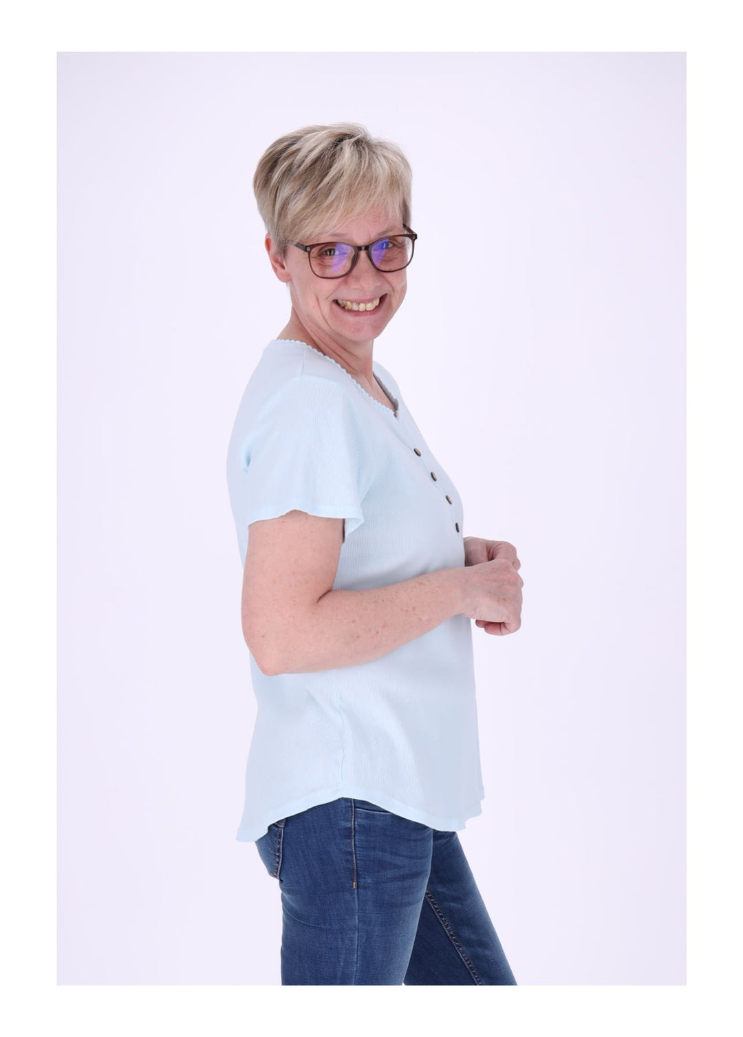 T-Shirt Damen Rundhals kurze Knopfleiste Ripp