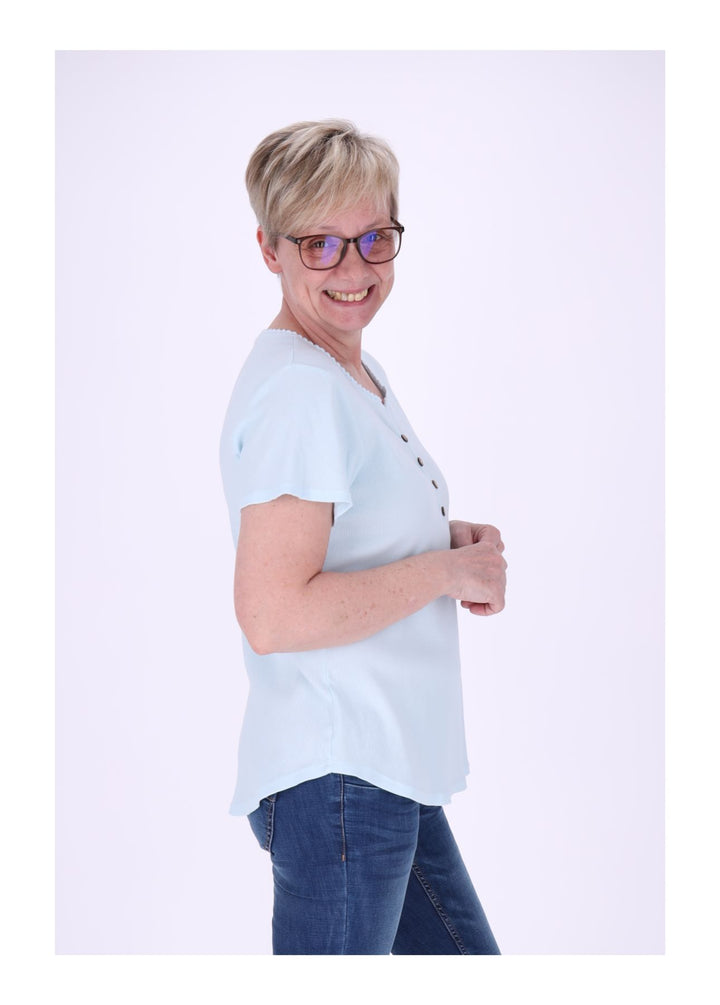 T-Shirt Damen Rundhals kurze Knopfleiste Ripp