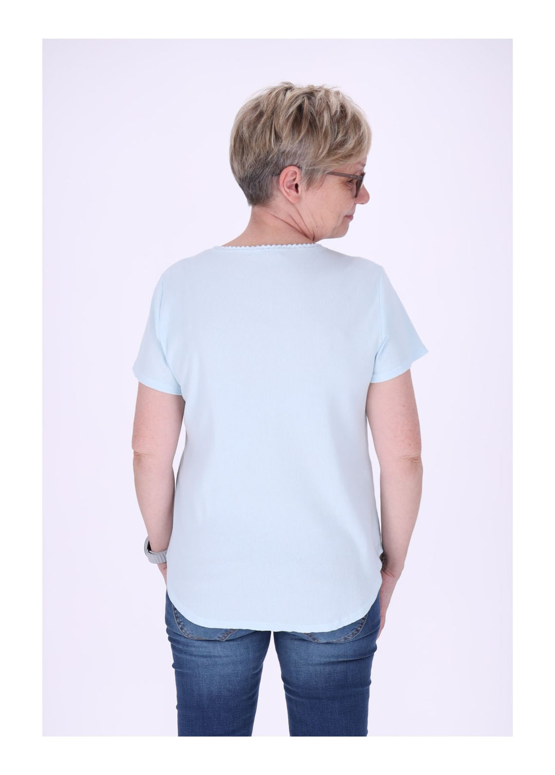 T-Shirt Damen Rundhals kurze Knopfleiste Ripp