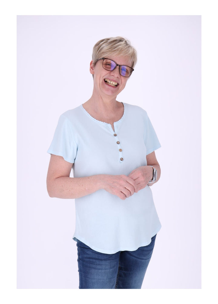 T-Shirt Damen Rundhals kurze Knopfleiste Ripp