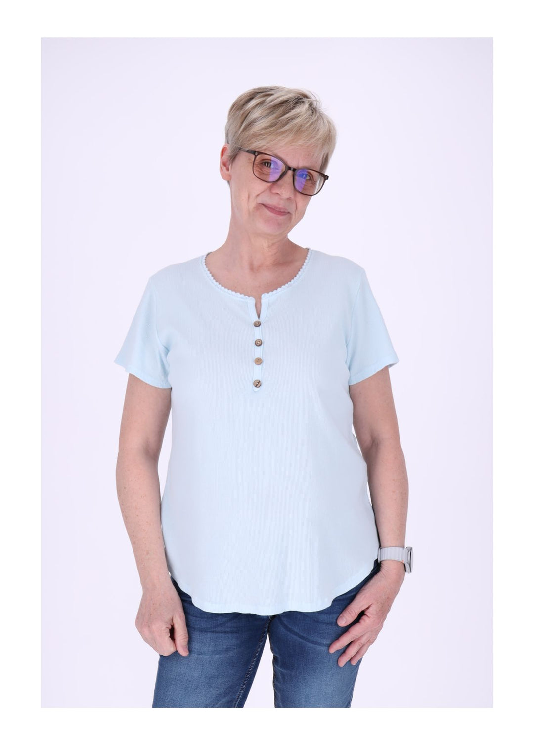 T-Shirt Damen Rundhals kurze Knopfleiste Ripp