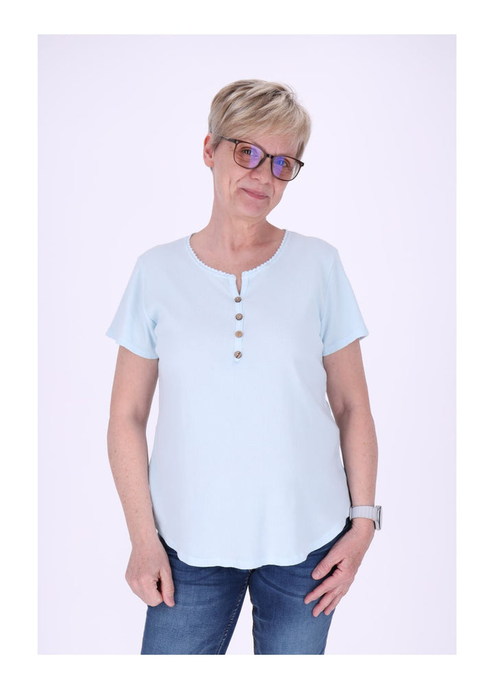 T-Shirt Damen Rundhals kurze Knopfleiste Ripp