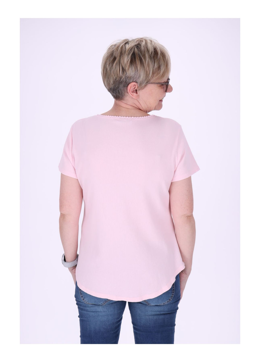 T-Shirt Damen Rundhals kurze Knopfleiste Ripp
