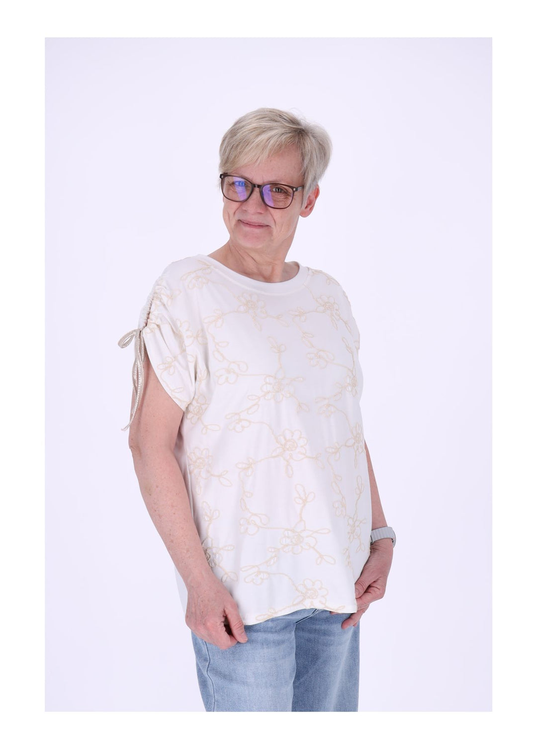 T-Shirt Damen Schultern offen Stickerei