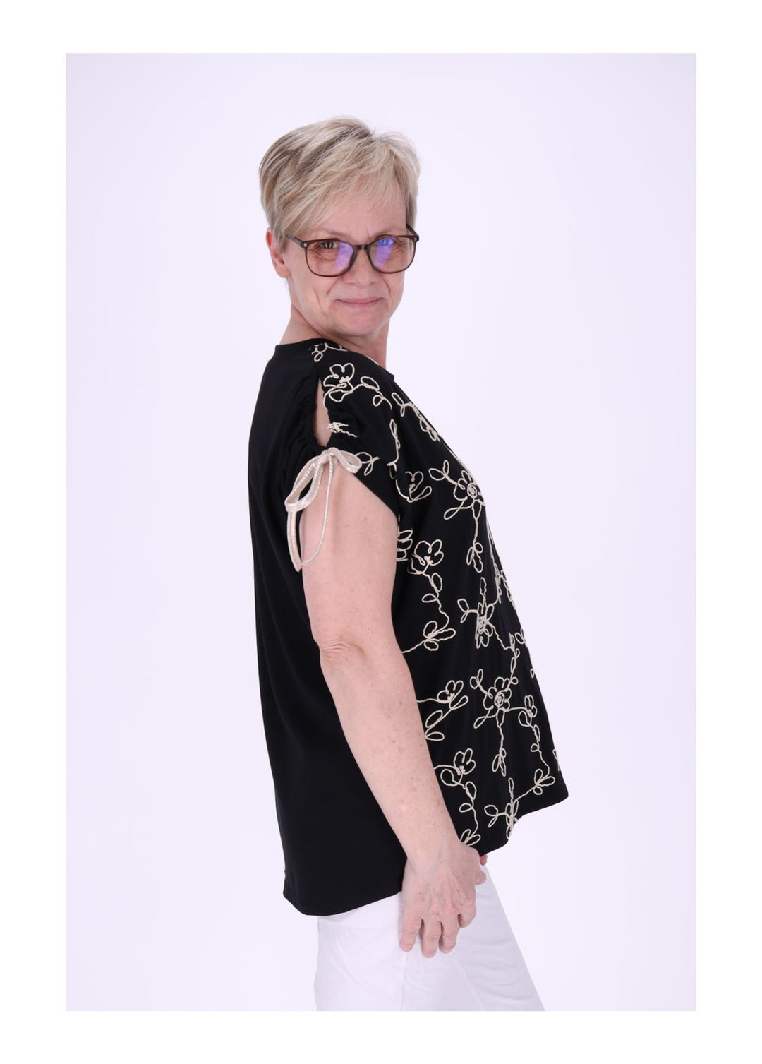 T-Shirt Damen Schultern offen Stickerei