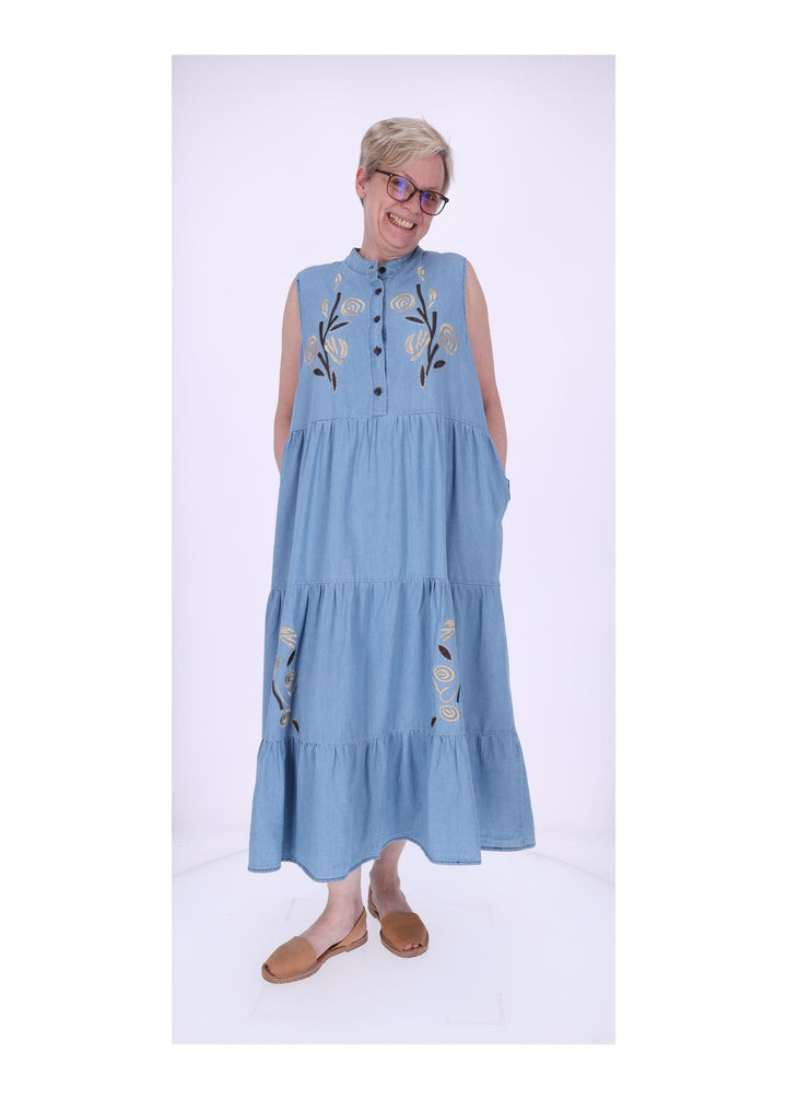 Kleid Damen Jeans Stufen Stickerei