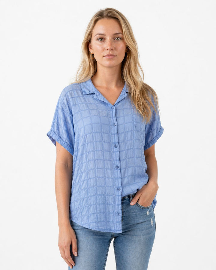 Bluse Damen Kurzarm Strucktur Karo