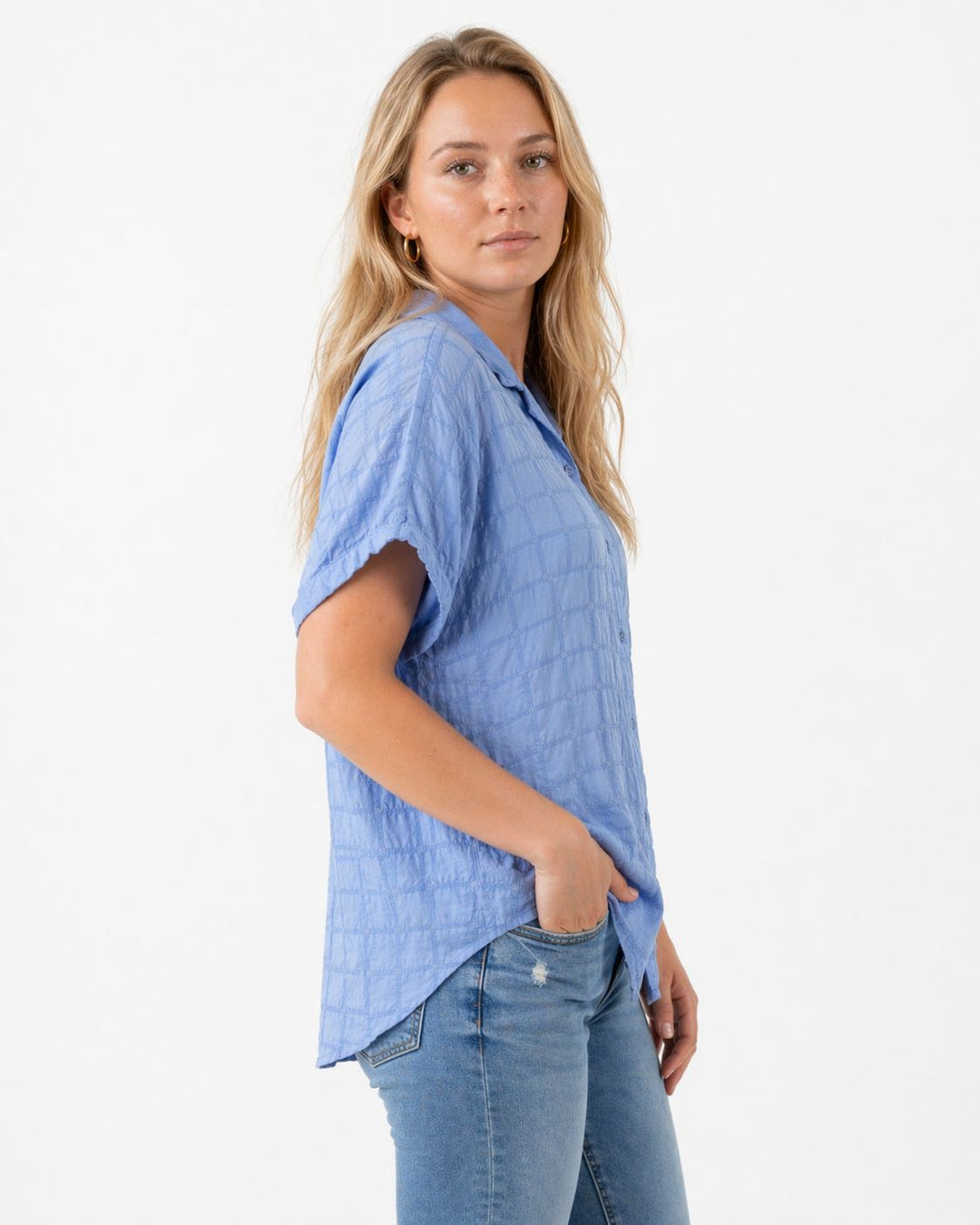 Bluse Damen Kurzarm Strucktur Karo