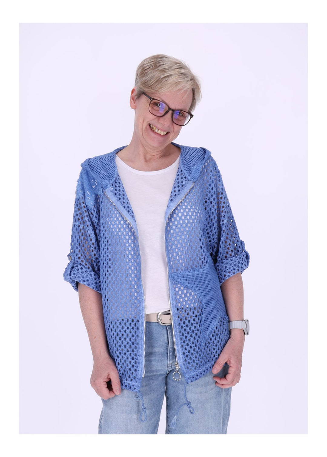 Shirtjacke Lochmuster Kapuze Patches